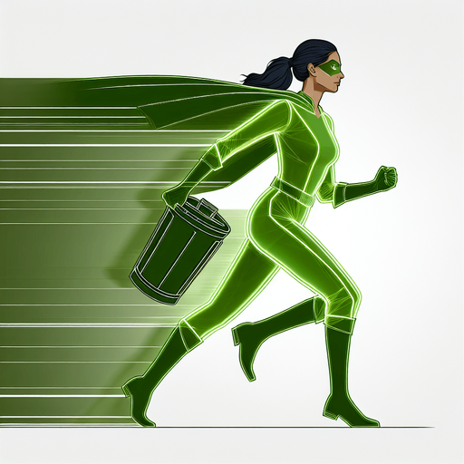 full side-view of an garbage collector superhero woman running in neon green suit.
only the woman.
single sprite, blank background.