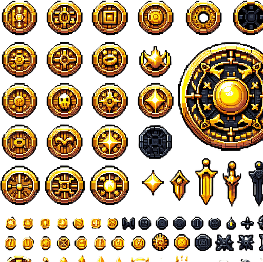 Create a sprite sheet featuring various components of a gold coin, incorporating dungeon design elements. The design should include top-down views of gold coin. Each part should be distinct, with a cohesive color scheme of metal, gold and black, accented by glowing lights for a fantasy look. The style should be detailed pixel art, reminiscent of classic 32-bit era video games, with glowing lights serving as style guides. Arrange the components on a dark background, with each part neatly aligned in rows and columns for easy identification and use in game development..
Single Game Texture. In-Game asset. 2d. Blank background. High contrast. No shadows.