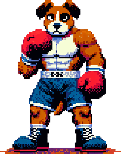 anthropomorphic dog wearing boxing shorts and boxing gloves, boxer, pixel art
Single Game Texture. In-Game asset. 2d. Blank background. High contrast. No shadows.