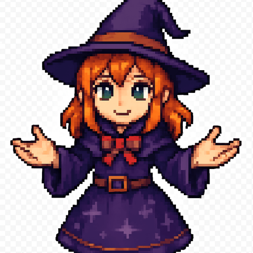 High-quality 2D pixel art of a young witch girl facing forward with her arms open, palms visible. She has vibrant orange hair, fair white skin, and bright green eyes. She is wearing a classic witch outfit: a wide-brimmed witch hat and a matching dress with magical details. The style is detailed 16-bit pixel art, with clean shading and strong contrast. The pose is welcoming or spellcasting, and she is directly facing the viewer. Transparent background..
In-Game asset.  2d.  High contrast.  No shadows