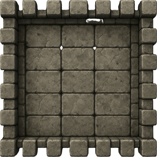 A rectangular stone castle battlement, seen from directly above. In between the walls is a weathered looking 3x5 grid. Rectangle. Not square. Realistic graphics..
In-Game asset.  2d.  High contrast.  No shadows
