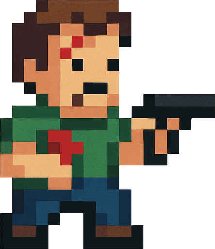 16x16 pixel wounded guy holding pistol.
In-Game asset.  2d.  High contrast.  No shadows. pixel art. retro arcade game