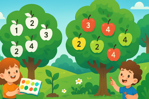 Fullscreen modern App Store landscape banner, 16:9, high definition, for a game titled "Aprendiendo a Colorear y Contar" and with the description "Juego educativo donde los niños relacionan números con colores para colorear frutas en árboles, aprendiendo a contar y reconocer colores mientras cuidan el medio ambiente.". No text on banner!