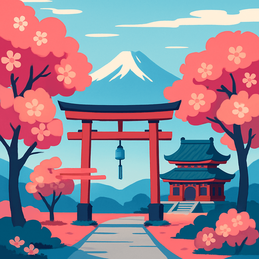 A peaceful mountain and temple background with sakura trees, a torii gate, and light wind chimes hanging. Very serene..
In-Game asset.  2d.  High contrast.  No shadows