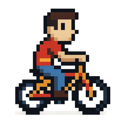 A 2D, Pixalted Bike with one wheel in front and one at the back with a pixelated character on..
In-Game asset.  2d.  High contrast.  No shadows