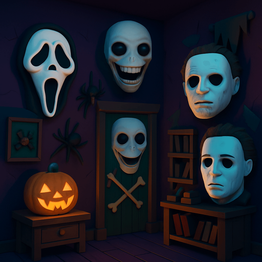 3D Scary room with many 3D decorations around, 3D scary masks of memes from movies around it.
In-Game asset.  3D.  High contrast.  No shadows. no jesus cross. no star of 6. no start of 5. no devil. HD colors
