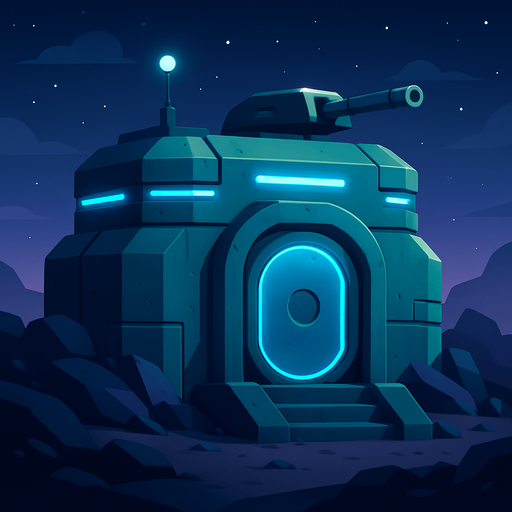 Front facing icon Fullscreen modern App Store art style with futuristic bunker, 16:9, high definition.  No text captions!