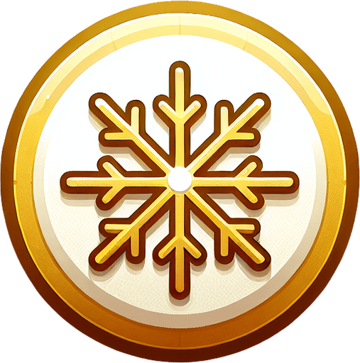 icon for a golden snowflake, on a circle, on the top is the text: "golden snowflakes" cartoon Single Game Texture. In-Game asset. 2d. Blank background. High contrast. No shadows.