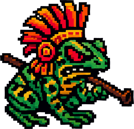 Genérame una Rana de dardo venenosa guerrero azteca con eso patrones, estilo pixelar, con una apariencia maligna, ojos rojos, rabioso. Unidad a distancia, con cerbatana. Animal.
In-Game asset.  2d.  High contrast.  No shadows