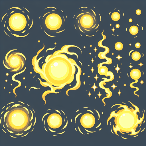 A sprite sheet of different round wisps. Like fireflies. Yellow in color, very bright center with a dimmer aura on the outside. 

Single Game Texture. In-Game asset. 2d. Blank background. High contrast. No shadows.