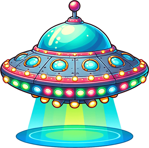 Create a cartoon-style  UFO obstacle for a helicopter game. The UFO should be rounded with glowing lights, antennas, and a colorful alien style..
Single Game Texture.  In-Game asset.  2d.  Blank background.  High contrast.  No shadows