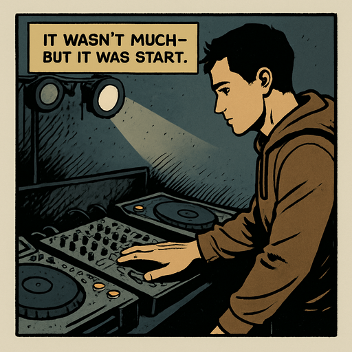 A comic panel styled like a square photo print with a clean white border. Realistic comic art. Scene: A dusty DJ booth, some lights flickering, the equipment old but intact. Noah places his hand on the mixer with a hint of reverence. Narrator box at the top reads: “It wasn’t much — but it was a start.”.
In-Game asset.  2d.  High contrast.  No shadows