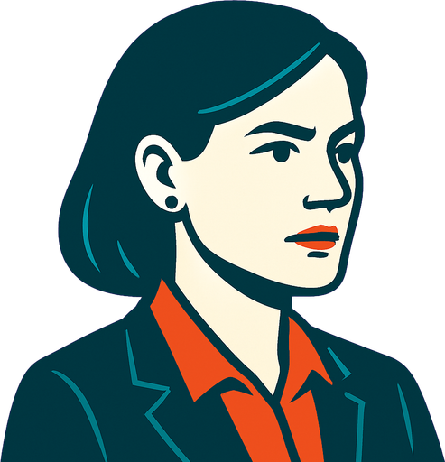 profile photo of a pragmatic woman.
In-Game asset.  2d.  High contrast.  No shadows