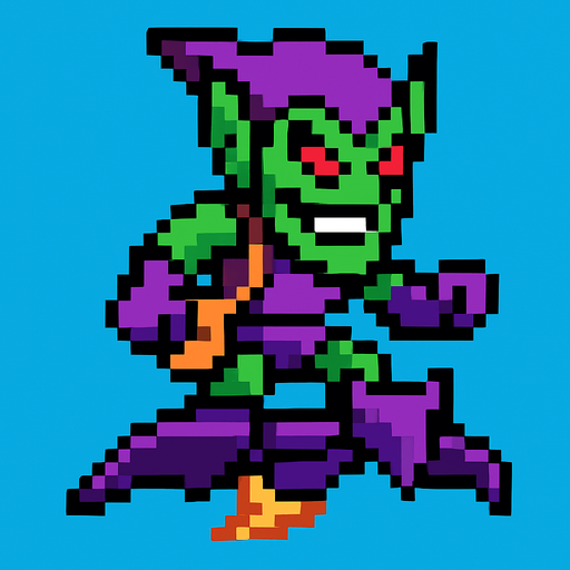 flying pixel art green goblin.
In-Game asset.  2d.  High contrast.  No shadows