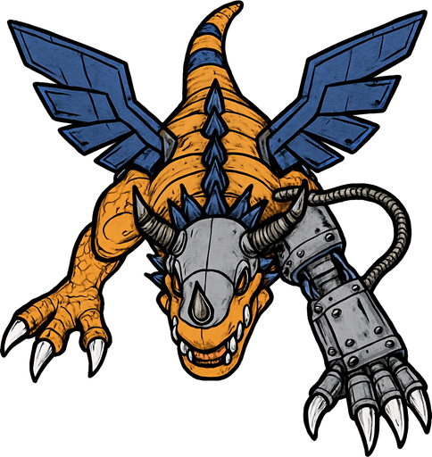 Metalgreymon, visto desde arriba, detalles altos, sin errores debe ser identico.
In-Game asset.  2d.  High contrast.  No shadows