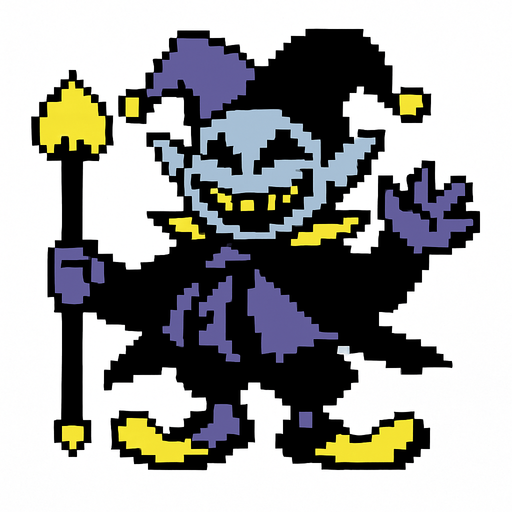 Jevil, un jefe del capitulo 1 de deltarune, es pixleado y el fondo detras de este es color blanco.
In-Game asset.  2d.  High contrast.  No shadows