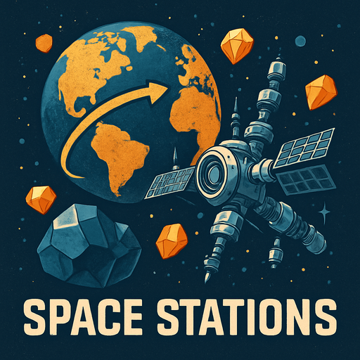 Uzay temalı global Cevher ticareti, uzay istasyonu, gerçekçi, Altında "Space Stations" yazsın.
In-Game asset.  High contrast.  No shadows