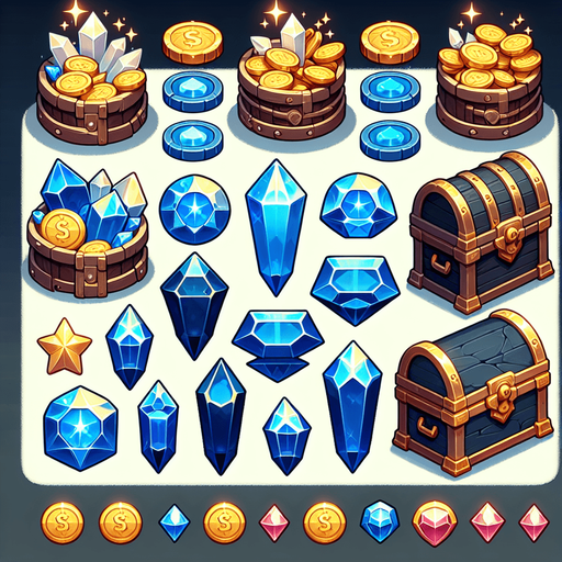 нужны ерасивые монеты, кристаллы, сундуки с кристаллами, всё это должно соответсвовать небесной тематике.
Single Game Texture. In-Game asset. 2d. Blank background. High contrast. No shadows.