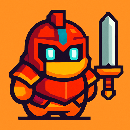 Crea un personaje estilo pixel art, un guerrero simple y fácil de animar. No debe tener manos ni piernas visibles, solo un cuerpo principal con forma redonda u ovalada. El diseño debe sugerir que es un guerrero usando colores llamativos, ojos brillantes o una armadura pixelada pegada al cuerpo. Puede tener una espada flotando al lado o en la espalda como decoración. Debe verse como un personaje de videojuego, pero sin partes que necesiten animación compleja..
In-Game asset.  2d.  High contrast.  No shadows