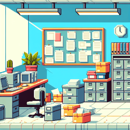 Single Game Texture. In-Game asset. 2D. Blank background. High contrast. No shadows. A pixel-art retro office background featuring cubicles, filing cabinets, and scattered papers. The design is simple but vibrant, with blocky shapes and bright colors suitable for a static 2D game environment..
Single Game Texture. In-Game asset. 2d. Blank background. High contrast. No shadows.