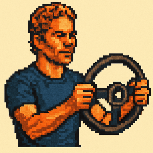 Paul walker holding a car wheel as if he's driving. vintage retro 1980 style. 3/4 view. pixelated. 8 bit. Single Game Texture. In-Game asset. 2d. Blank background. High contrast. No shadows.