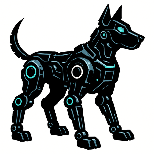 Perro negro robotico.
In-Game asset.  2d.  High contrast.  No shadows