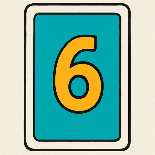 Rectangular card numbered 6, with a white border around it and a turquoise background..
In-Game asset.  2d.  High contrast.  No shadows