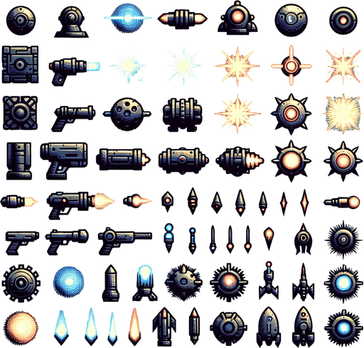 A spritesheet of various laser and space gun turret shots, including dual shots, rays and projectiles for a space game..
Single Game Texture. In-Game asset. 2d. Blank background. High contrast. No shadows.