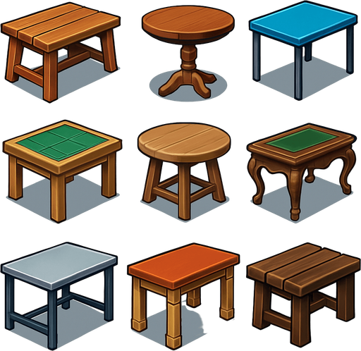 pack of different Tables images.
In-Game asset.  High contrast.  No shadows. 3D