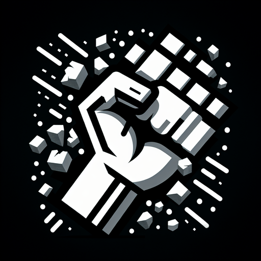 create a hand icon breaking a brick in half.
Single Game Texture.  In-Game asset.  2d.  Blank background.  High contrast.  No shadows