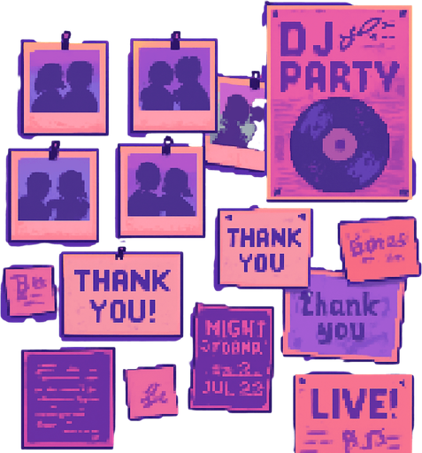 A 2048x2732 vertical pixel art background for a credits screen in a rhythm-based pixel art game. The scene shows a cozy wall in the same neon-lit DJ studio, filled with pinned polaroid photos, signed posters, music flyers, sticky notes, and handwritten thank-you notes. Soft glowing fairy lights hang above. The lighting is soft pink, violet and blue, with a nostalgic, emotional, and heartfelt vibe. No characters or UI — just a decorative wall filled with creative memories and gratitude..
In-Game asset.  2d.  High contrast.  No shadows