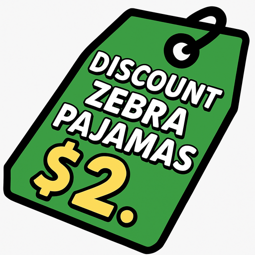 green price tag that says discount zebra pajamas $2.
In-Game asset.  2d.  High contrast.  No shadows