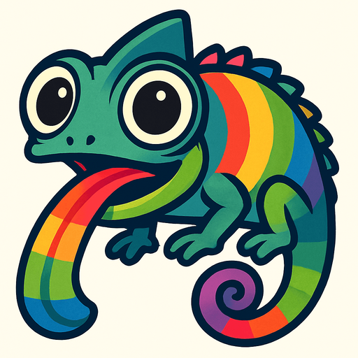 kocaman gözleri olan ve ağzında olan her renge göre renk değiştiren bir bukalemun.
In-Game asset.  2d.  High contrast.  No shadows