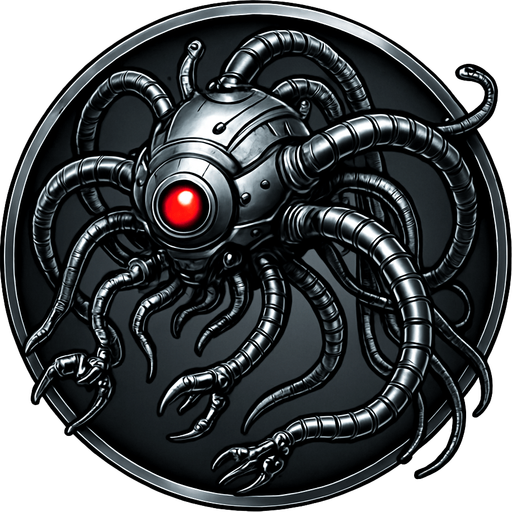 Creat a singular circular asset that features a 3D version of a sentinal from the film the matrix. Asset to have a metallic feel, and the background is to be transparent.
In-Game asset.  2d.  High contrast.  No shadows