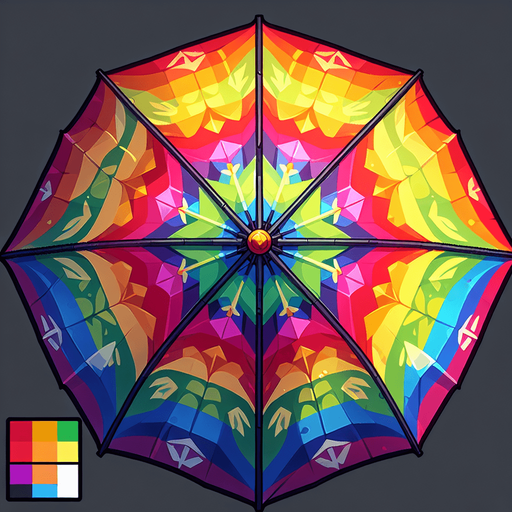 rainbow colored umbrella.
Single Game Texture. In-Game asset. 2d. Blank background. High contrast. No shadows.