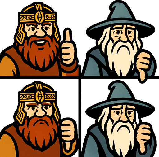 Divide the screen by 4. Every 4 frames, there is characters. Left side 2 frames, there is Gimli and Gandalf. They are smiling and one hand make thumb up. Right side 2 frames same Gimli and Gandalf here but they are sad and one hand make thumb down. In-Game asset. 2d. High contrast. No shadows.
In-Game asset.  2d.  High contrast.  No shadows