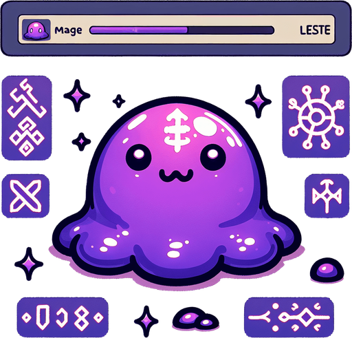 Un slime morado con runas magicas RPG. Estilo suave y simple.
Single Game Texture.  In-Game asset.  2d.  Blank background.  High contrast.  No shadows