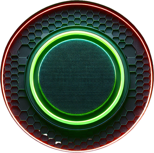 PHOTOREALISTIC Simple black circular arena with honeycomb pattern. 
In the center is a neon green circle with a circle colored red along the edge. 
TOP VIEW.
