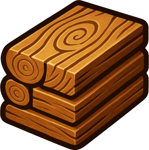 Crea un icono de madera que represente el recurso de construcción y mejora. Debe ser una pila de troncos cortados o un fajo de tablones de madera, vistos directamente desde arriba. La superficie superior debe mostrar la textura de la madera (anillos de crecimiento, vetas) y un sombreado que dé volumen a la pila..
In-Game asset.  2d.  High contrast.  No shadows