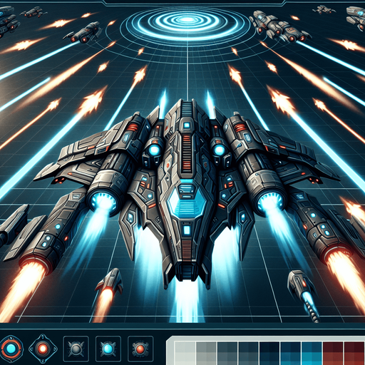 Appearance:

The spaceship should have a sleek, futuristic design, with details such as glowing engines, aerodynamic shapes, and customizable color schemes.
Design should include visual indicators for health or power-ups, such as glowing shields or an energy bar.
In the shooting game background, the spaceship should be attacking aliens descending from above. The design should show the spaceship firing bullets or launching bombs upward toward the approaching aliens, creating an intense and action-packed scene. The spaceship's attacks should look powerful and precise, emphasizing its role as the player's main weapon against the alien invasion.

The front of the spaceship should be facing upward..
Single Game Texture. In-Game asset. 2d. Blank background. High contrast. No shadows.