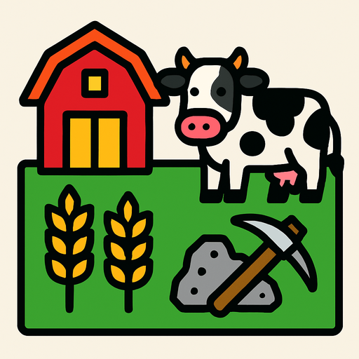 My farm, wheat, cow, ore, pickaxe. Starting screen style.
In-Game asset.  2d.  High contrast.  No shadows