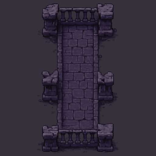 Top down view of a ruined old gray - purple creepy mediavel fance of an overpass. Long run heading straight up and down. pixel art 
Single Game Texture. In-Game asset. 2d. Blank background. High contrast. No shadows.