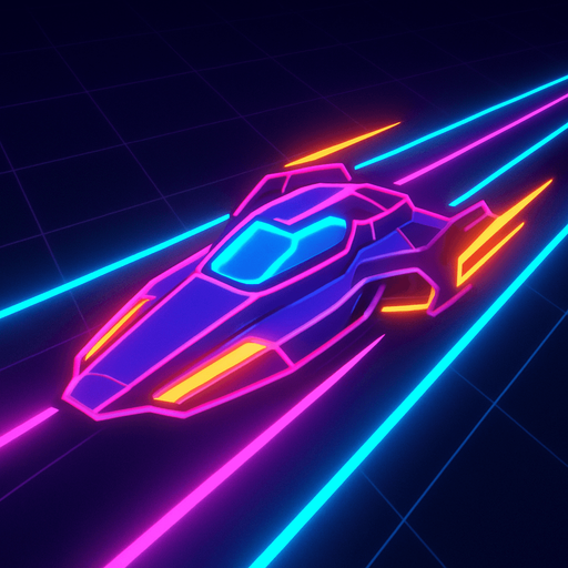 synthwave neon glow audiosurf or f-zero like ship.
In-Game asset.  2d.  High contrast.  No shadows