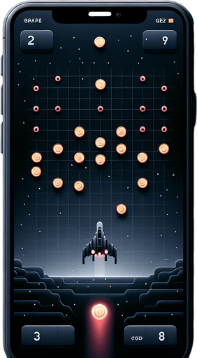 A clean and minimalistic game interface for a Galaxian-inspired game, viewed flat and straight from the front as a mobile app UI. At the bottom of the screen is a sleek, centrally aligned starship designed to fire single projectiles upward. The background features a simple, dark space theme with scattered stars and soft gradients, maintaining a futuristic yet uncluttered aesthetic.

At the top of the screen, coins are arranged in an 8-column by 4-row grid formation, resembling a classic bug-like pattern. Among these, four consecutive coins in the central row are replaced with glowing red digits '3,' '6,' '9,' and '8,' positioned prominently. These digits are larger, brighter, and pulse subtly, making them stand out distinctly from the neutral-colored coins while remaining seamlessly integrated into the grid. The clean layout highlights the digits' importance while keeping the overall design sleek and user-friendly.
Single Game Texture. In-Game asset. 2d. Blank background. High contrast. No shadows.