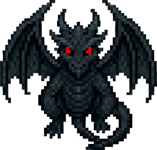 um dragão negro com olhos vermelhos, arte pixel 32bits, vista frontal aerea.
In-Game asset.  2d.  High contrast.  No shadows