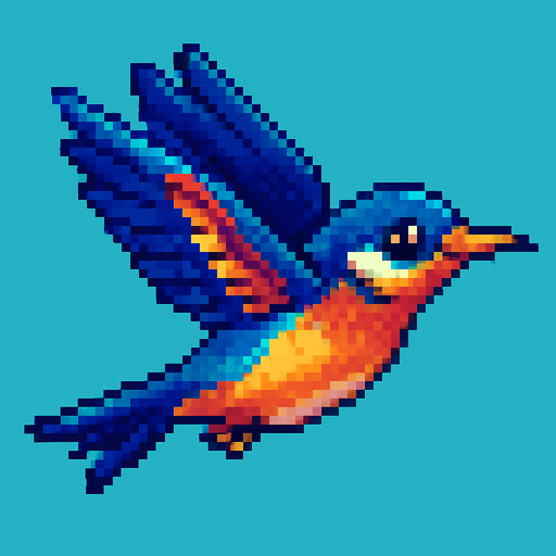 Fastest flaying bird ( Piksel art). Cute. Colorful 
In-Game asset.  2d.  High contrast.