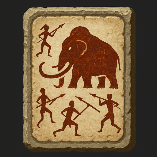 Card packet made out of stone with a Tribal drawing of people Hunting a wolly Mammoth.
In-Game asset.  2d.  High contrast.  No shadows