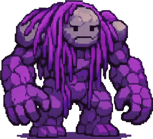 Genera una imagen de un monstruo corrupto morado de piedra qué no sea tan terrorífico, y que sea pixel.Y qué tenga manos grandes, y torso y que la cabeza no sea tan terrorífico, y no le ponga ojos perturbadores, y que su cabeza sea de un tamaño moderado no muy grande, que algo que si sea grande sea sus brazos, y que tenga algas moradas y que tenga algunas piedras moradas y otras piedras que no sean moradas qué sean grises 
In-Game asset.  2d.  High contrast.  No shadows.