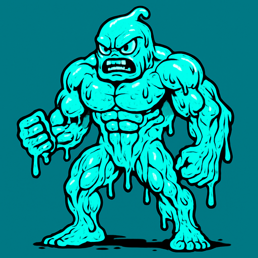 İnsan boyunda elleri kolları ayakları olan sinirli kaslı damarlı egzotik cyan renginde slime yap.
In-Game asset.  2d.  High contrast.  No shadows