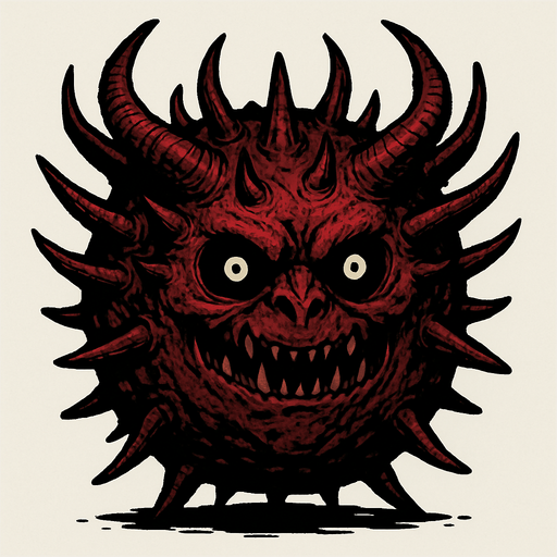 un demonio bola grande 2d y semi realista con muchos cuernos y que sus ojos sean negros con pupilas blancas.
In-Game asset.  2d.  High contrast.  No shadows